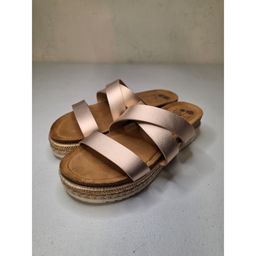 Jellypop Rose Gold Metallic Platform Wedge Sandals Women 8.5 Braided Trim Slide